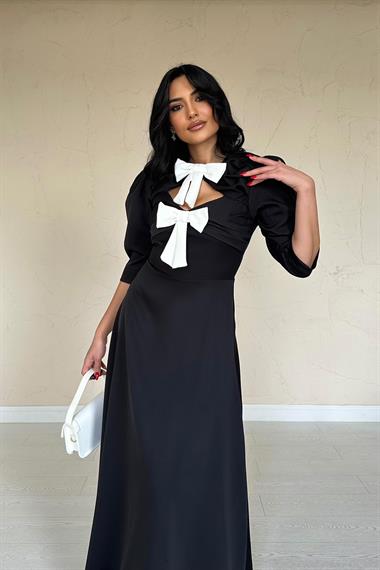 Toptan Siyah Ön Dekolteli Fiyonk Garnili Uzun Elbise