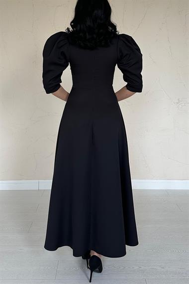 Toptan Siyah Ön Dekolteli Fiyonk Garnili Uzun Elbise