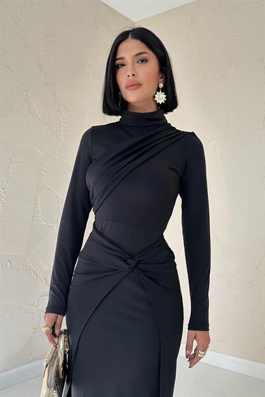 Toptan Siyah Ön Ek Parça Detaylı Elbise