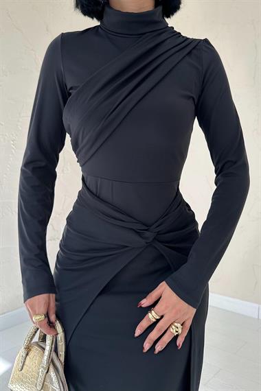 Toptan Siyah Ön Ek Parça Detaylı Elbise