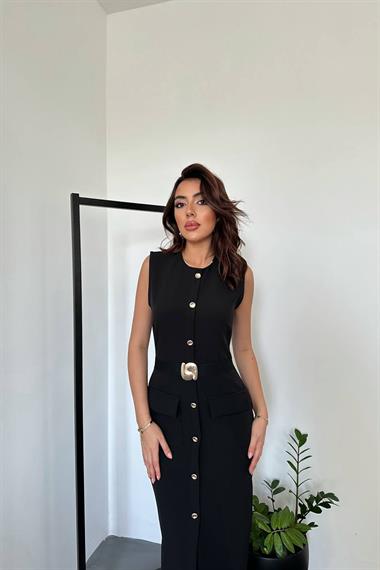 Toptan Siyah Önden Lastik Tokalı Elbise