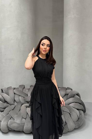Toptan Siyah Önü Büzgülü Fırfırlı Elbise