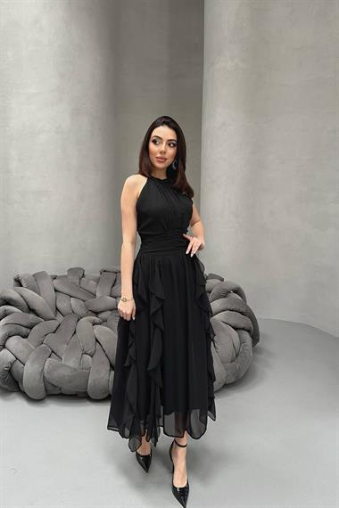 Toptan Siyah Önü Büzgülü Fırfırlı Elbise
