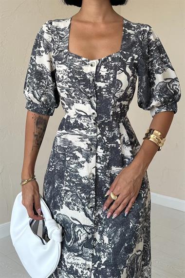 Toptan Siyah Önü Düğmeli Kalp Yaka Elbise