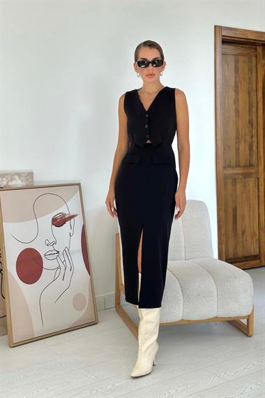 Toptan Siyah Önü Düğmeli Kolsuz Elbise