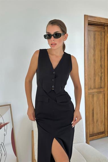 Toptan Siyah Önü Düğmeli Kolsuz Elbise