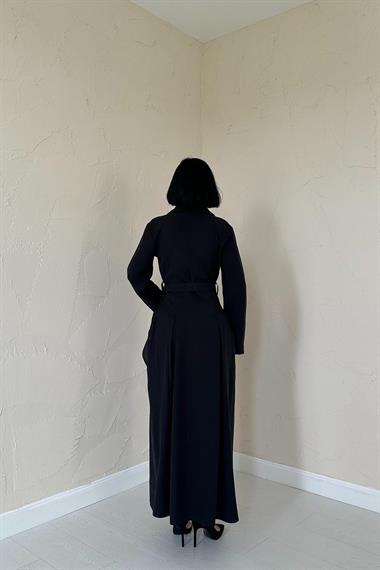 Toptan Siyah Önü Fermuarlı Kemerli Elbise