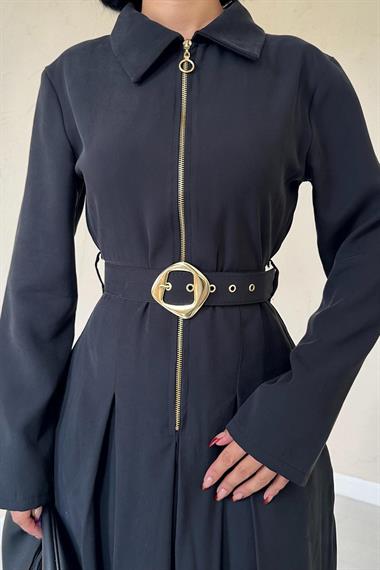 Toptan Siyah Önü Fermuarlı Kemerli Elbise