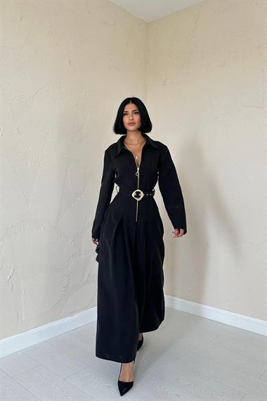 Toptan Siyah Önü Fermuarlı Kemerli Elbise