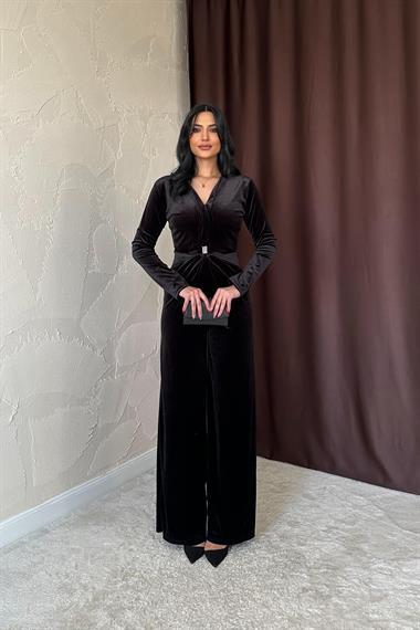 Toptan Siyah Önü Tokalı Kadife Tulum