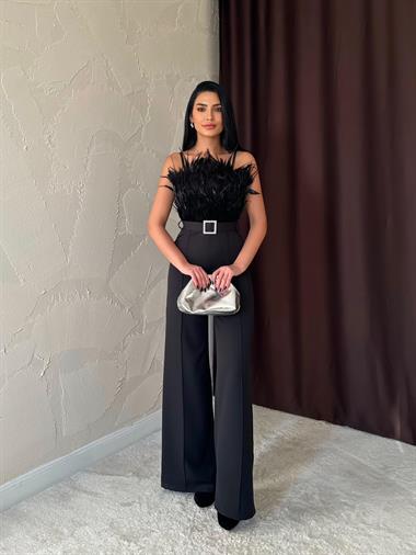 Toptan Siyah Otriş Detaylı Kemerli Tulum