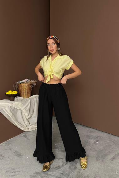 Toptan Siyah Paçası Fırfırlı Keten Pantolon