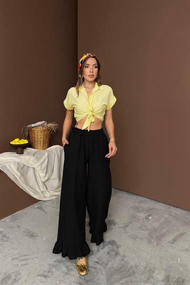 Toptan Siyah Paçası Fırfırlı Keten Pantolon