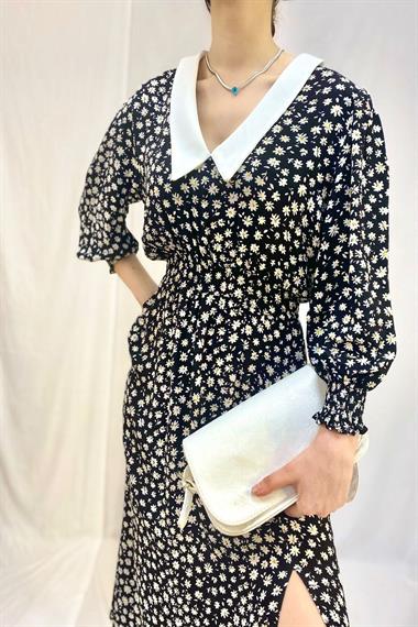 Toptan Siyah Papatya Desenli Elbise