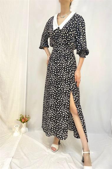 Toptan Siyah Papatya Desenli Elbise