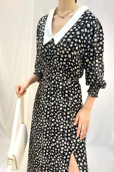 Toptan Siyah Papatya Desenli Elbise