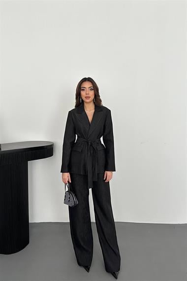 Toptan Siyah Parlak Beli Kuşaklı Takım