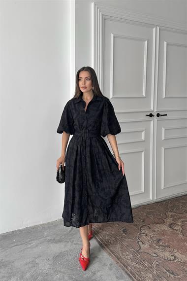 Toptan Siyah Pileli Balon Kol Elbise