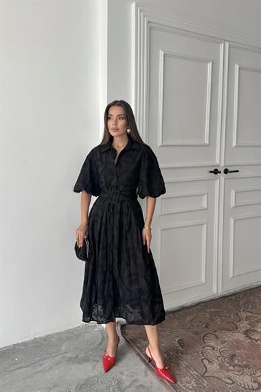 Toptan Siyah Pileli Balon Kol Elbise