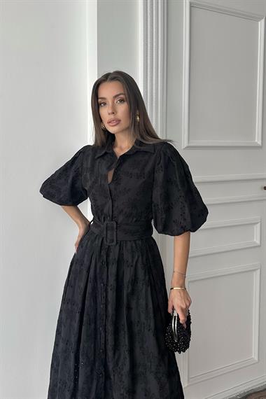 Toptan Siyah Pileli Balon Kol Elbise