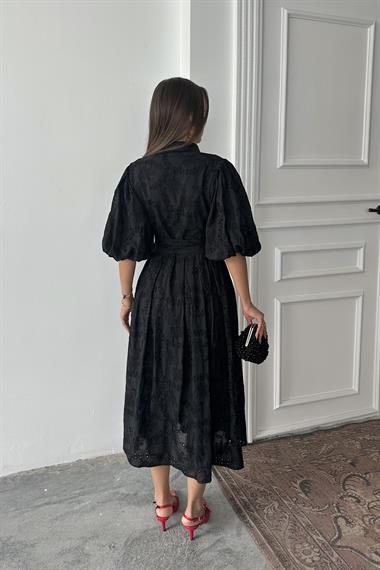 Toptan Siyah Pileli Balon Kol Elbise