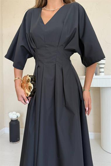 Toptan Siyah Pileli Uzun Elbise