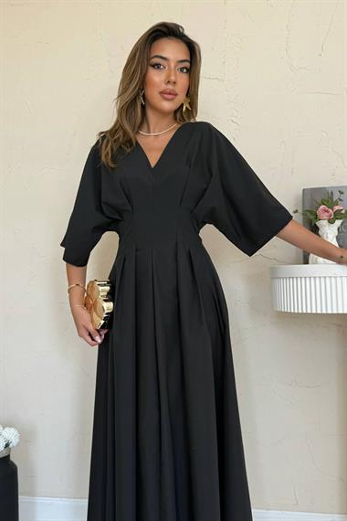 Toptan Siyah Pileli Uzun Elbise