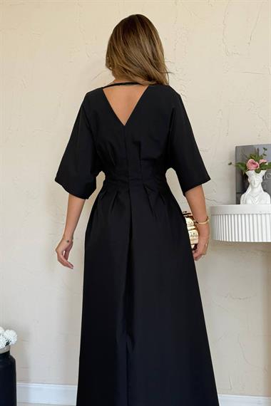 Toptan Siyah Pileli Uzun Elbise