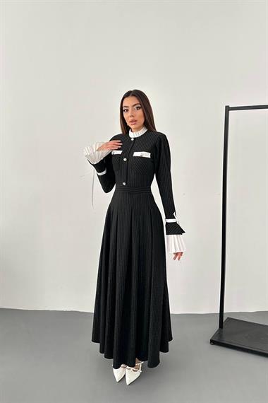 Toptan Siyah Pilise Detaylı Elbise