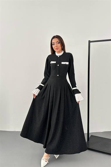 Toptan Siyah Pilise Detaylı Elbise