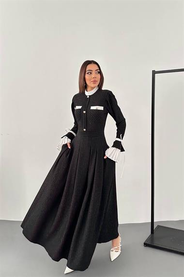 Toptan Siyah Pilise Detaylı Elbise