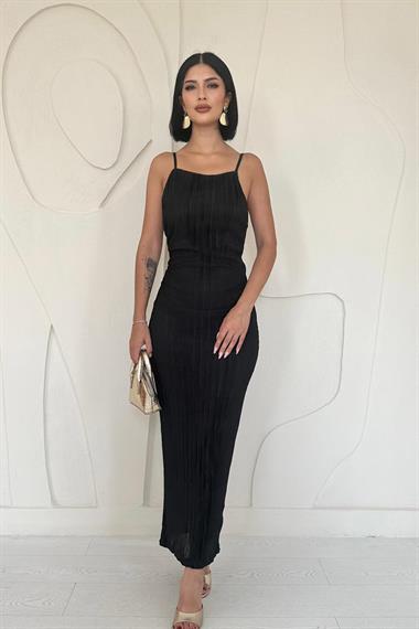 Toptan Siyah Piliseli Halter Boyun Elbise