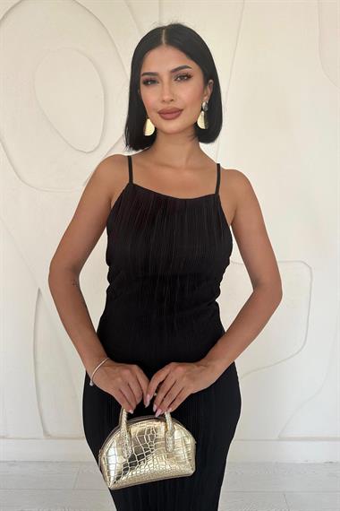 Toptan Siyah Piliseli Halter Boyun Elbise