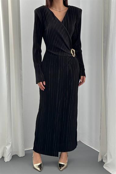 Toptan Siyah Piliseli Tokalı Elbise