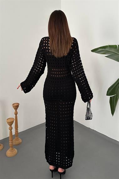 Toptan Siyah Pitikare Triko Elbise