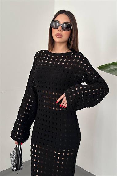 Toptan Siyah Pitikare Triko Elbise