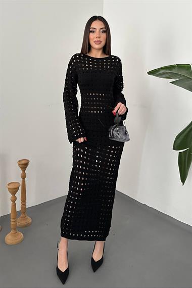 Toptan Siyah Pitikare Triko Elbise