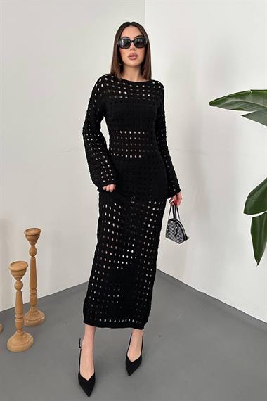 Toptan Siyah Pitikare Triko Elbise