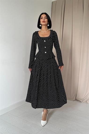 Toptan Siyah Puantiye Desenli Volanlı Elbise