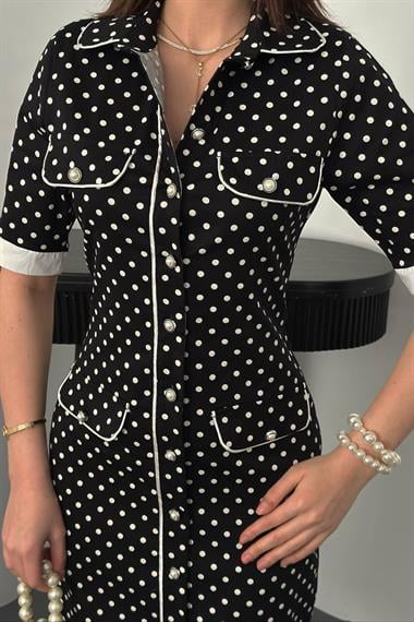 Toptan Siyah Puantiyeli Elbise