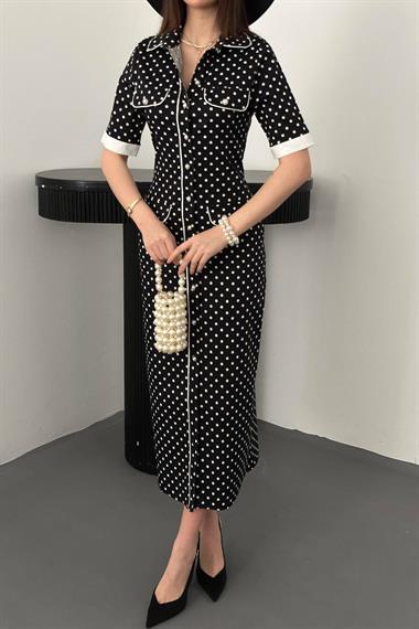 Toptan Siyah Puantiyeli Elbise