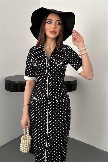 Toptan Siyah Puantiyeli Elbise