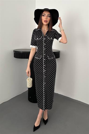 Toptan Siyah Puantiyeli Elbise