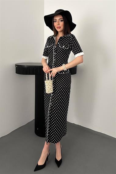 Toptan Siyah Puantiyeli Elbise