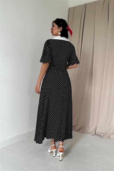Toptan Siyah Puantiyeli Korsajlı Elbise