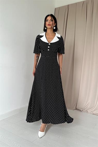 Toptan Siyah Puantiyeli Korsajlı Elbise