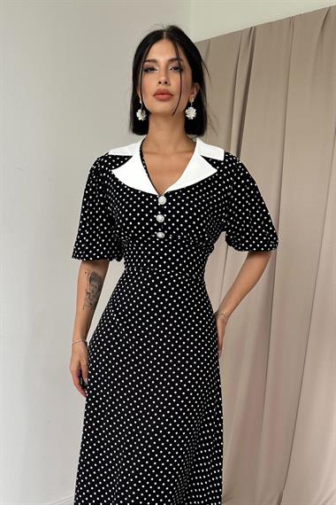 Toptan Siyah Puantiyeli Korsajlı Elbise