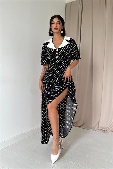 Toptan Siyah Puantiyeli Korsajlı Elbise