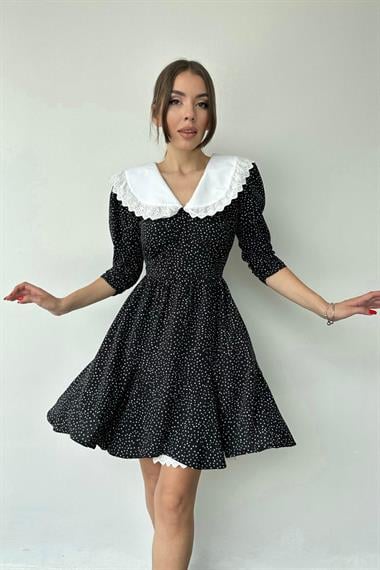 Toptan Siyah Puantiyeli Önlük Yaka Elbise