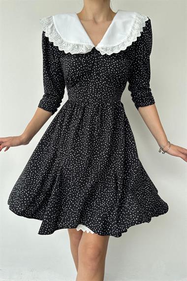 Toptan Siyah Puantiyeli Önlük Yaka Elbise